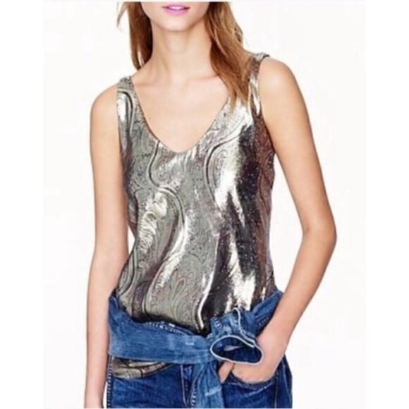 J.Crew Cate Silk Metallic Paisley Cami V-Neck Tank Top in Shimmery Gold, Size 2 - Picture 1 of 13